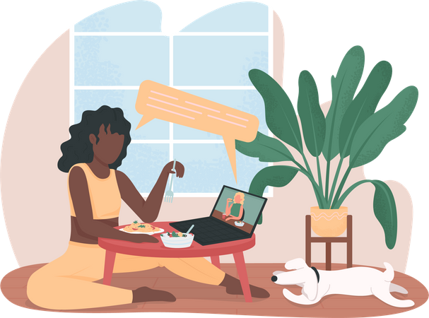 Women on video call during dinner at home Illustration