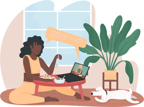 Women on video call during dinner at home Illustration