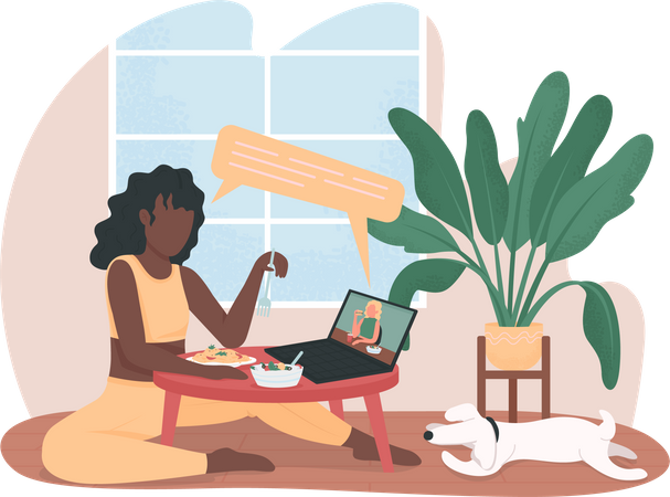 Women on video call during dinner at home  Illustration