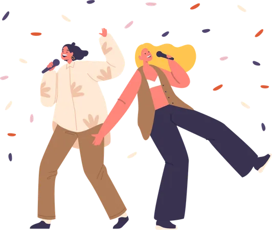 Two Women Take The Stage With Microphones In Hand Female Characters Belting Out Tunes With Infectious Enthusiasm Creating A Lively Karaoke Night Cartoon People Vector Illustration イラスト
