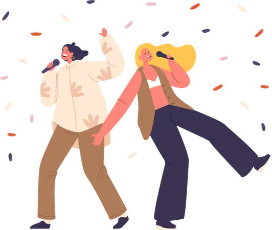 Women passionately sing karaoke  Illustration