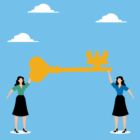 Women picking up huge key  Illustration