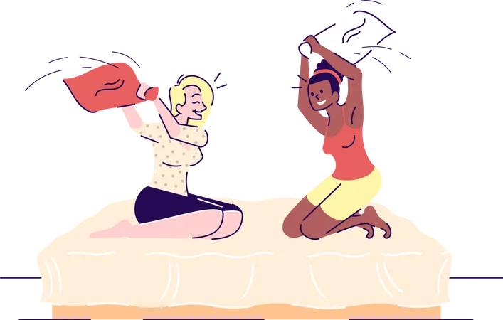 Women Pillow Fighting Flat Vector Illustration Two Playful Girls Hitting Each Other With Pillows Sitting On Bed Sleepover Party Isolated Cartoon Characters With Outline Elements On White Background Illustration