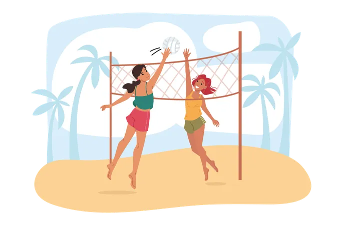 Women play beach volleyball  Illustration