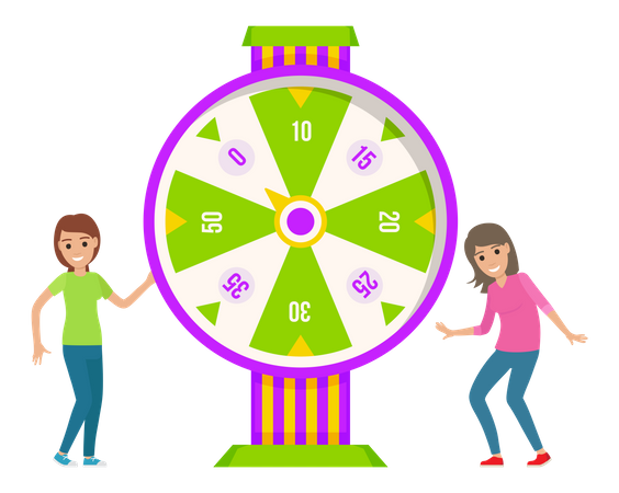 Women playing wheel of fortune game at a casino  イラスト
