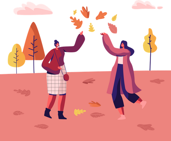 Women playing with leaves in park  Illustration