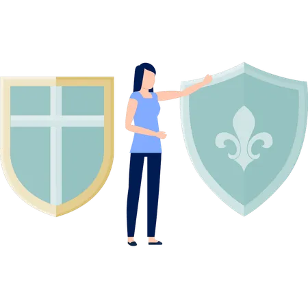 Women pointing curly shield  Illustration