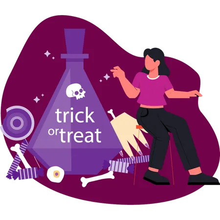 Women pointing trick or treat flask  Illustration