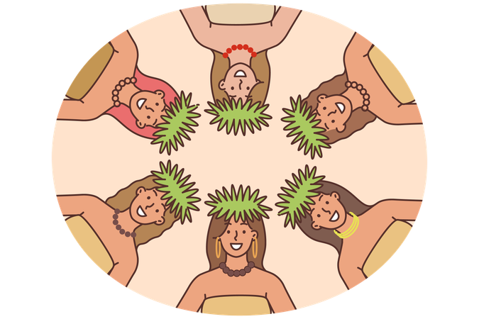 Women Polynesian dancers from exotic resort on tropical island stand in circle and look at camera  Illustration