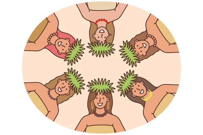 Women Polynesian dancers from exotic resort on tropical island stand in circle and look at camera  Illustration