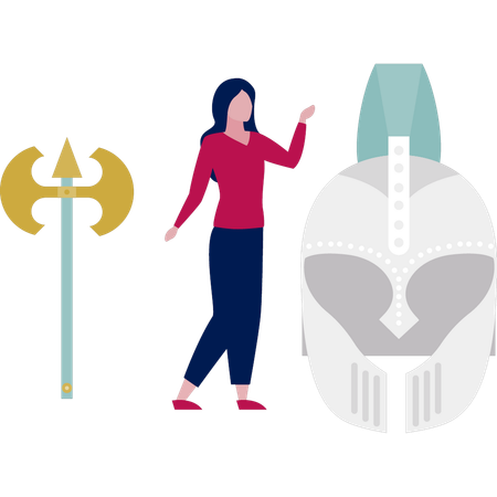 Women presenting armour helmet  Illustration