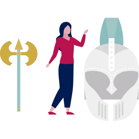 Women presenting armour helmet  Illustration