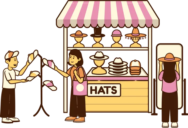 Women purchasing fashionable caps from store  Illustration