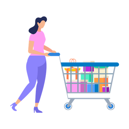 Women Pushing Shopping Trolley  Illustration