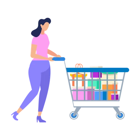 Women Pushing Shopping Trolley  Illustration