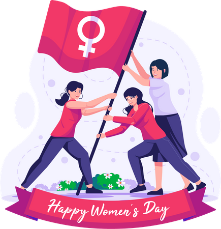 Women raising a flag symbolizing the female gender  Illustration