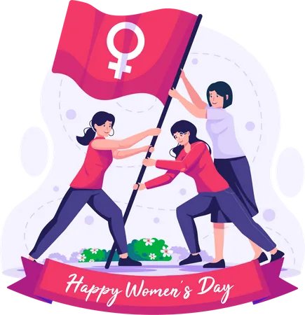 Women raising a flag symbolizing the female gender  Illustration