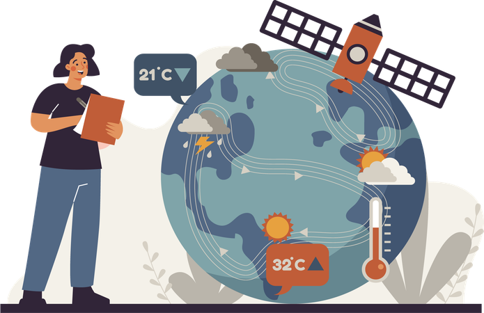 Women record weather conditions in various areas  Illustration