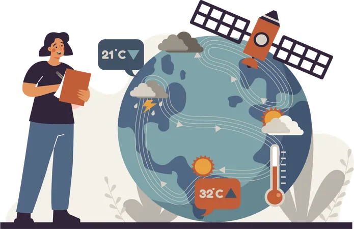 Women record weather conditions in various areas  Illustration