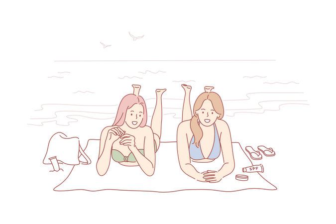 Women relaxing on beach  Illustration