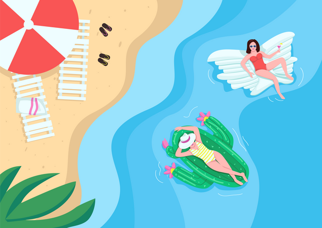Women resting at sandy beach Illustration
