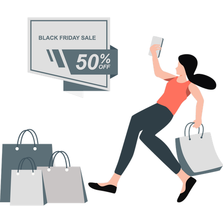 Women running away and shopping on black friday sale  Illustration