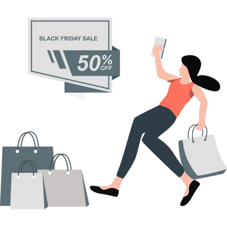 Women running away and shopping on black friday sale  Illustration