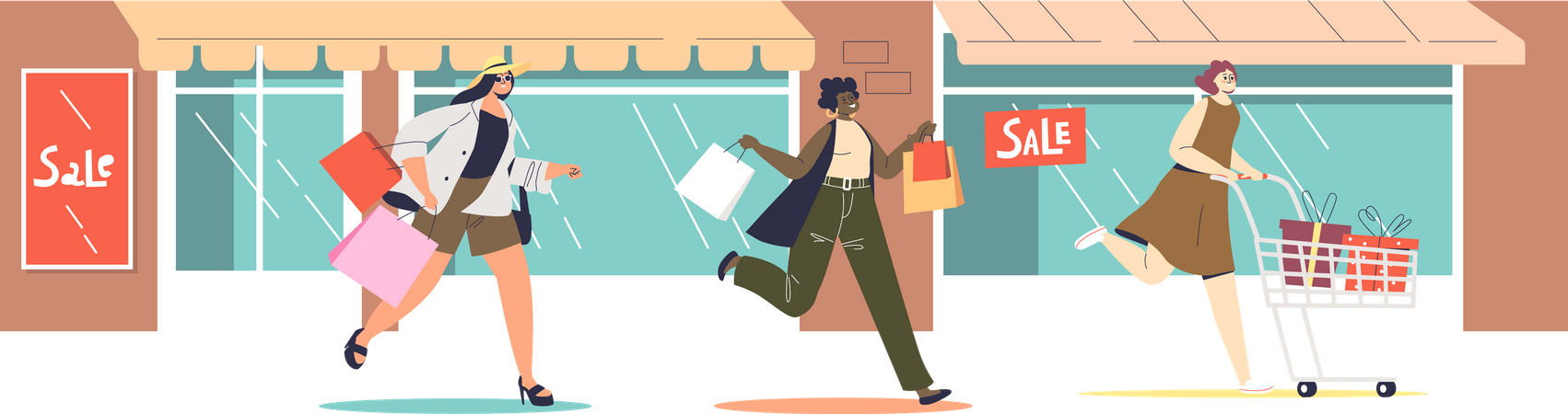 Women running for sales shopping Illustration