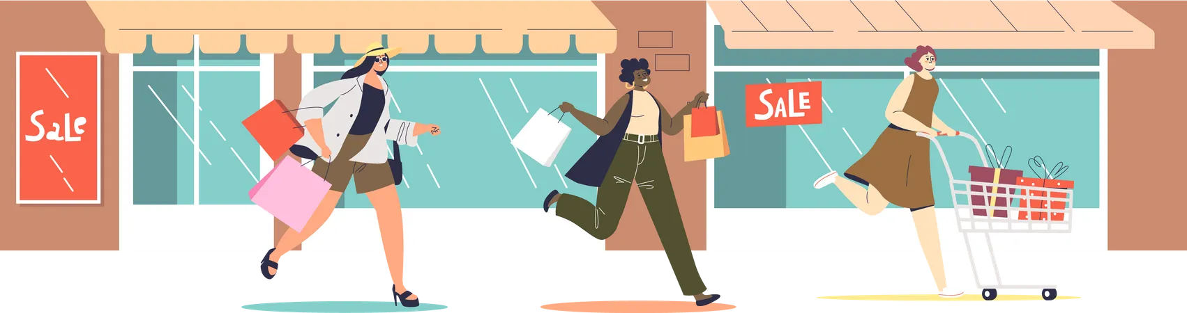 Women running for sales shopping  Illustration