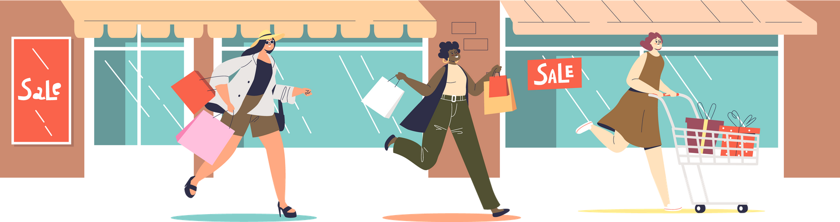 Women running for sales shopping  Illustration