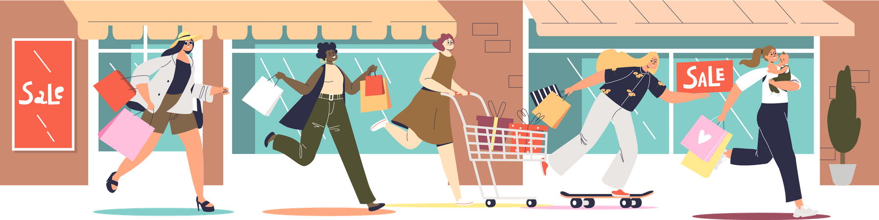 Women running to shop from store  Illustration