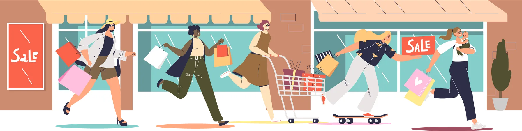 Women running to shop from store  Illustration