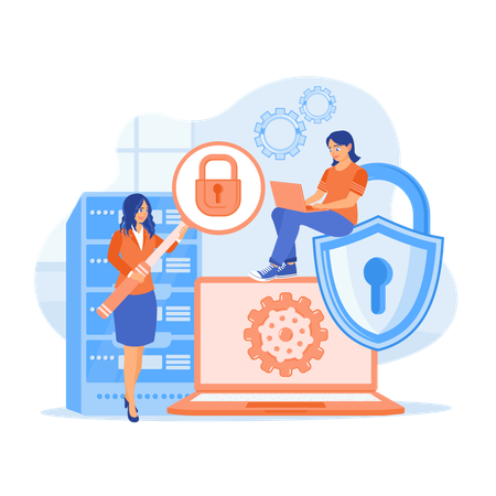 Women save files on server with security  Illustration