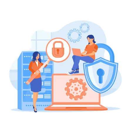 Women save files on server with security  Illustration