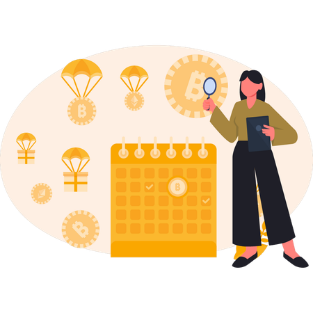 Women searching bitcoin on calendar  Illustration