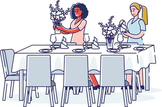 Women serving table preparing elegant flowers for dinner or luxury banquet Illustration