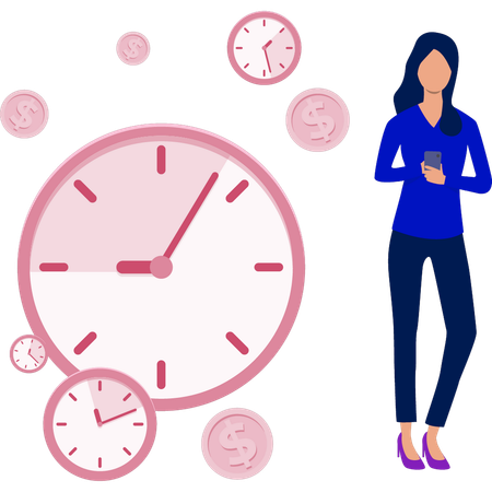 Women setting her mobile time according to clocks  Illustration