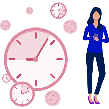 Women setting her mobile time according to clocks  Illustration