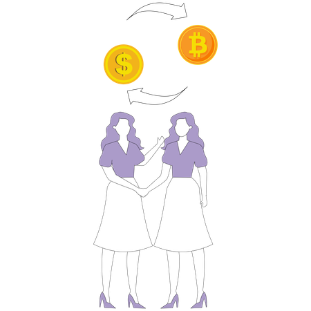 Women shaking hands and exchanging cryptocurrencies  Illustration