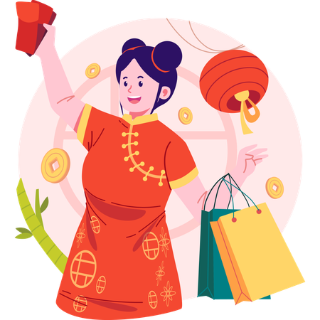 Women shopping during Chinese New Year  Illustration