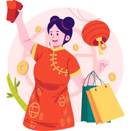 Women shopping during Chinese New Year  Illustration