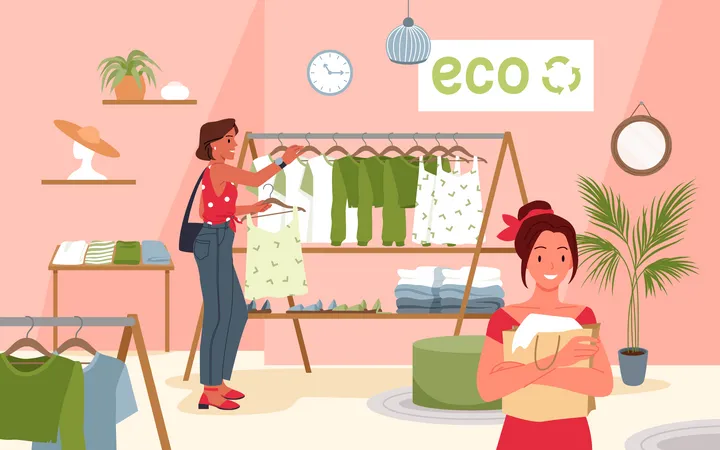 Women shopping from eco friendly brand  일러스트레이션