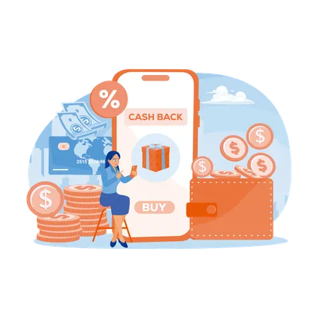 Women Shopping Online while Get Discounts And Cashback From Online Stores  Illustration
