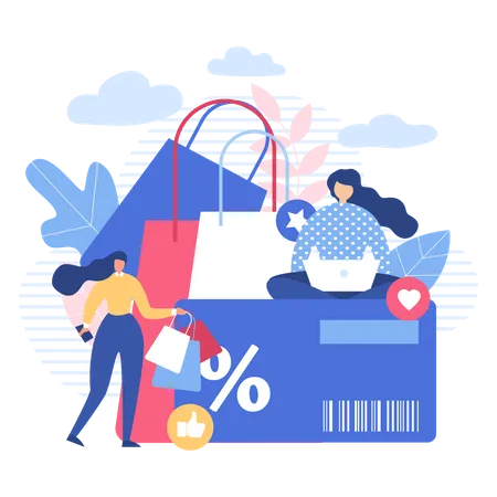 Women Shopping Online with Discount card Illustration