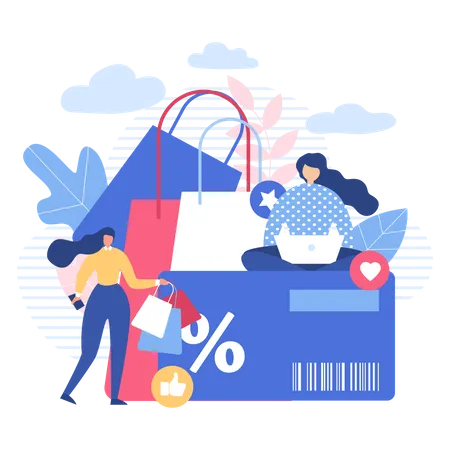 Women Shopping Online with Discount card  Illustration