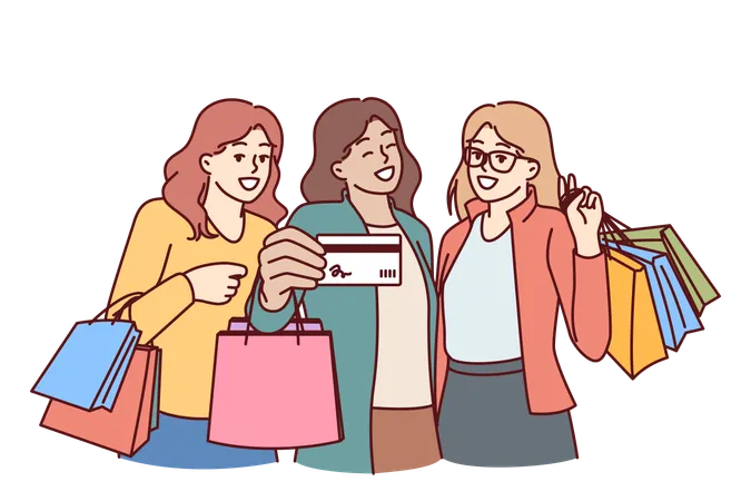 Women Show Off Credit Card For Shopping And Hold Packages From Boutiques After Going To Mall Three Happy Girls Recommend Using Banking For Shopping With Discounts Or Cashback On Black Friday イラスト