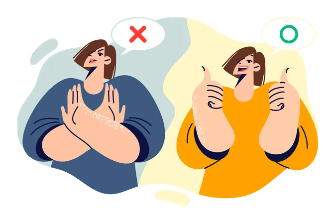 Women Show Stop Gesture And Thumbs Up Demonstrating Different Reactions To Proposals And Lack Of Solidarity Girls Respond With Positive And Negative Gesture Giving Feedback About Quality Of Product Illustration