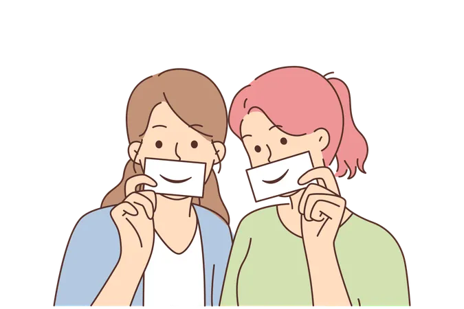 Two Women With Fake Smiles Hold Papers With Drawn Emotions And Pretend To Be Happy Concept Of Hypocrisy And Psychological Problems Causing Desires To Appear Successful And Happy Or Friendly Illustration
