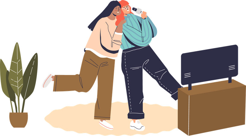 Women singing karaoke at home  Illustration