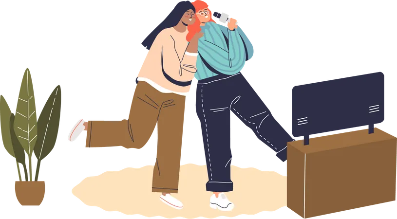 Women singing karaoke at home  Illustration